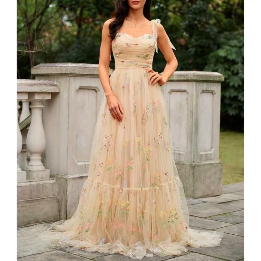 Neutral Cream Tulle Tie Straps Long A Line Flower Embroidered Prom Formal Dress